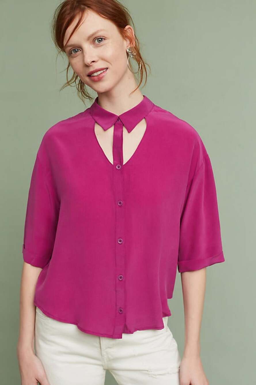 Anthropologie Blouse Womens Medium Mairead Silk Cutout Button Down Pink Maeve